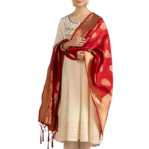 Kaari Women's Kurta Set with Dupatta - Anarkali Style | Gown Length | Placement Neck Embroidery & Gota Border | Rich Brocade Dupatta | Straight Pant | Kurta Set For Women